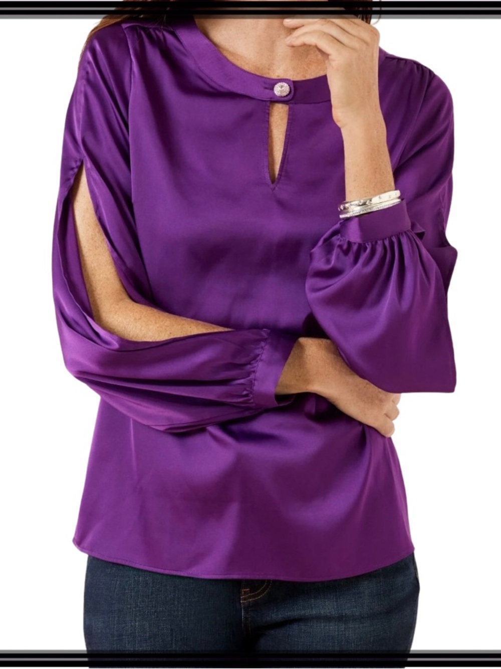 Talbots 2XP Purple Satin Finish Blouse Keyhole Cold Shoulder Split Sleeve Top